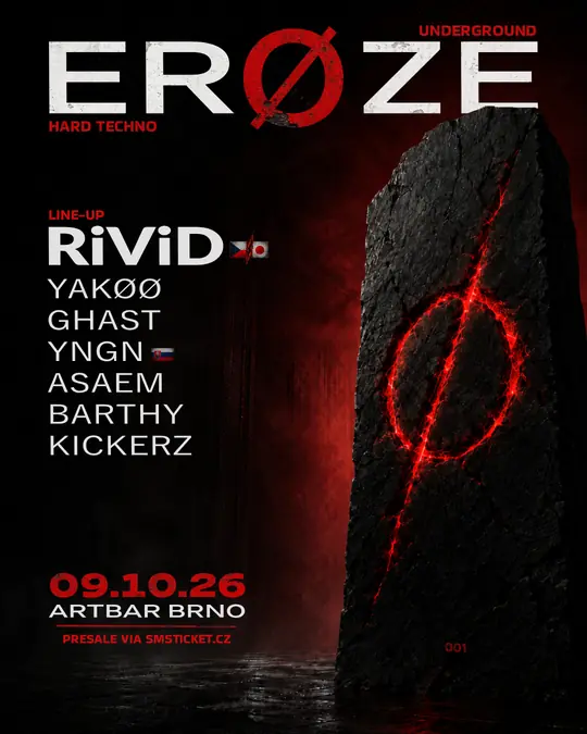 ERØZE_001, poster, Friday, 9 October 2026, ArtBar Druhý Pád, Brno, Czech Republic, hard techno, hard bounce, industrial, hardcore