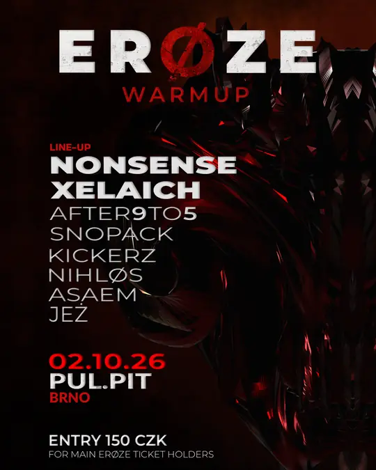 ERØZE WARMUP, poster, Friday, 2 October 2026, PUL.PIT, Brno, Czech Republic, hard techno
