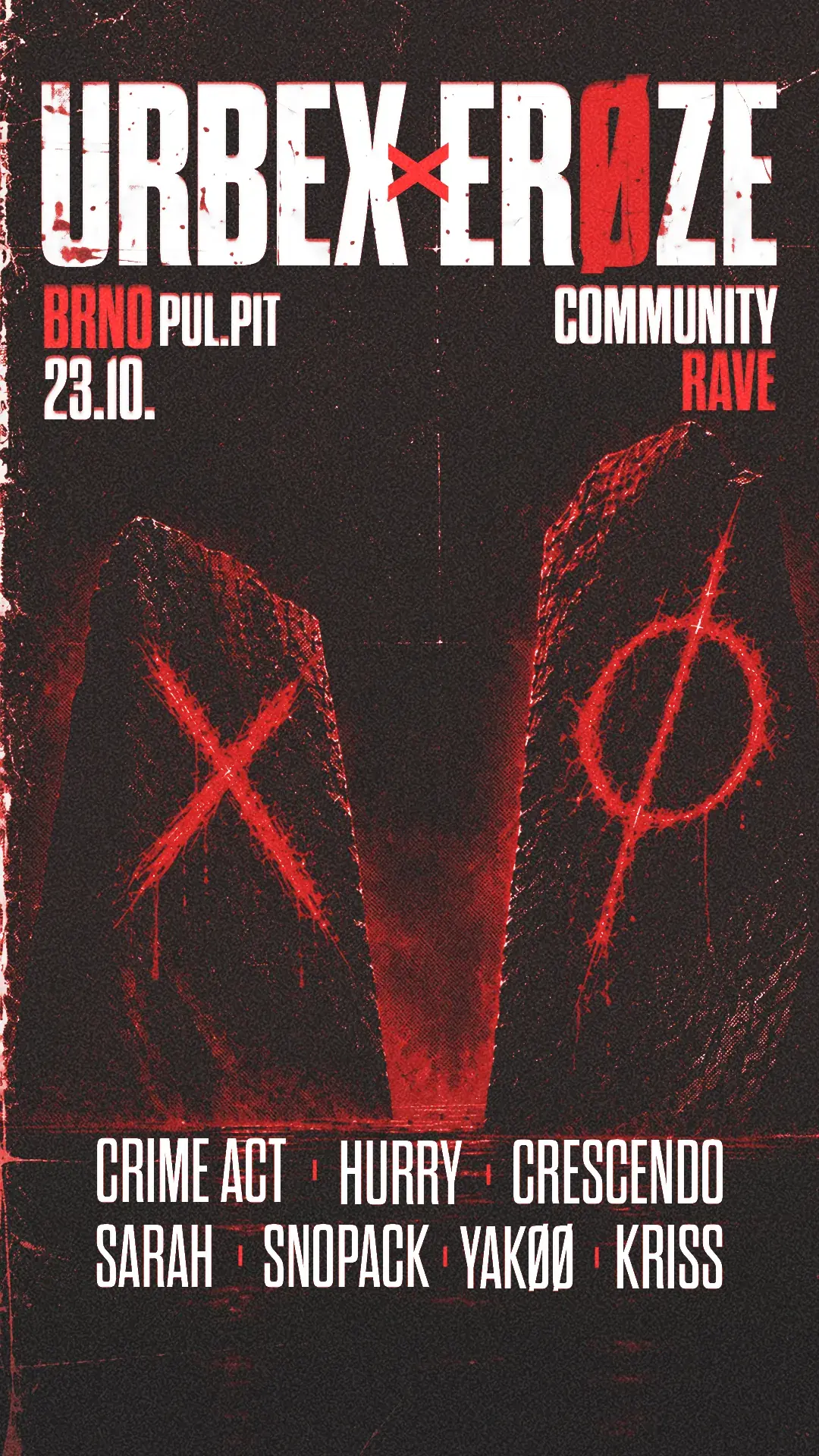 URBEX × ERØZE, poster, Friday, 23 October 2026, PUL.PIT, Brno, Czech Republic, hard techno, schranz, hardgroove, hardcore